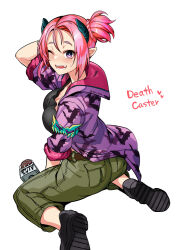 Rule 34 | 1girl, animal print, arm behind head, bat print, belt, black shirt, breasts, cargo pants, character name, demon girl, demon horns, duel monster, holding, holding microphone, horns, jacket, large breasts, microphone, muckraker from the underworld, one eye closed, open clothes, open jacket, pants, pink hair, pointy ears, purple eyes, sharp teeth, shirt, shoes, short ponytail, simple background, sitting, solo, teeth, tsukinami kousuke, wariza, white background, yu-gi-oh!