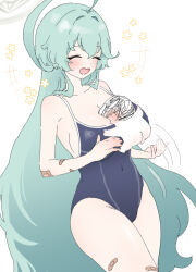 Rule 34 | 1boy, 1girl, abydos high school swimsuit, ahoge, bandaid, bandaid on leg, bare arms, bare legs, bare shoulders, black one-piece swimsuit, blue archive, breasts, cleavage, closed eyes, collarbone, covered navel, cowboy shot, doodle sensei (blue archive), green hair, huge ahoge, large breasts, long hair, one-piece swimsuit, open mouth, pingpangpongpang, school swimsuit, sensei (blue archive), simple background, sketch, smile, swimsuit, white background, yume (blue archive)