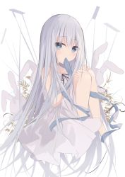 Rule 34 | 1girl, bare arms, bare shoulders, barefoot, black ribbon, blue eyes, blue ribbon, collarbone, commentary request, dress, grey hair, hair between eyes, hands on own knees, highres, knees up, kushida you, long hair, looking at viewer, mouth hold, original, ribbon, sitting, sleeveless, sleeveless dress, solo, stuffed animal, stuffed rabbit, stuffed toy, very long hair, white dress