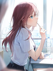 Rule 34 | 1girl, aqua eyes, blue necktie, blurry, blurry foreground, blush, book, bottle, breasts, brown hair, curtains, day, desk, elbow rest, from side, hair between eyes, holding, holding pen, indoors, long hair, looking to the side, medium breasts, necktie, notebook, open book, original, parted lips, pen, pen to mouth, pleated skirt, school uniform, shirt, shirt tucked in, short sleeves, sidelocks, skirt, solo, sunlight, water bottle, white shirt, window, zattape