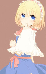 Rule 34 | 1girl, alice margatroid, aoi (annbi), blonde hair, blue dress, blue eyes, blush, capelet, dress, frills, hairband, highres, lolita hairband, looking at viewer, ribbon, short hair, simple background, smile, solo, touhou, wrist cuffs