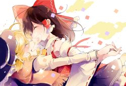 Rule 34 | 2girls, ^ ^, ^o^, armpits, ascot, azuma aya, blonde hair, blush, bow, brown hair, closed eyes, confetti, dancing, detached sleeves, face-to-face, frilled shirt collar, frilled skirt, frills, hair bow, hair tubes, hakurei reimu, happy, hat, holding hands, juliet sleeves, kirisame marisa, large bow, laughing, long sleeves, messy hair, multiple girls, pink scarf, puffy sleeves, ribbon-trimmed sleeves, ribbon trim, scarf, skirt, skirt set, straight hair, touhou, vest, witch hat, yellow ascot, yuri