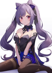 Rule 34 | 1girl, absurdres, bare shoulders, black bow, black dress, bow, bow choker, breasts, collarbone, cone hair bun, diamond-shaped pupils, diamond (shape), double bun, dress, embarrassed, genshin impact, hair bun, hair ears, highres, keqing (genshin impact), keqing (opulent splendor) (genshin impact), light blush, long hair, looking at viewer, medium breasts, multicolored clothes, multicolored dress, official alternate costume, official alternate hairstyle, pantyhose, pearl hair ornament, print pantyhose, purple eyes, purple hair, simple background, sitting, skirt, solo, strapless, strapless dress, symbol-shaped pupils, two-tone dress, v arms, wariza, white background, zangi (lkt2012)