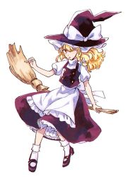 Rule 34 | 1girl, apron, back bow, black footwear, black hat, black skirt, black vest, blonde hair, bow, braid, broom, broom riding, commentary request, full body, hair bow, hat, hat bow, kirisame marisa, long hair, natsume (menthol), open mouth, shirt, shoes, short sleeves, simple background, single braid, skirt, socks, solo, touhou, vest, waist apron, white background, white bow, white shirt, white socks, witch hat, yellow eyes