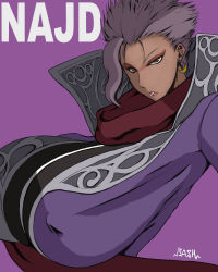 Rule 34 | 1girl, bash-inc, belt, dress, earrings, gloves, hijab, jewelry, najd, purple dress, purple hair, scarf, signature, snk, the king of fighters, the king of fighters xiv, third-party edit