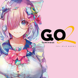 Rule 34 | 1girl, :3, alternate costume, animal hair ornament, bad id, bad pixiv id, blue eyes, bow, bowtie, buttons, closed mouth, comiket 97, commentary request, earrings, fate/grand order, fate (series), glasses, hair bow, heart, heart-shaped pupils, jewelry, light blush, looking at viewer, mash kyrielight, multiple hair bows, one eye closed, pink background, pink bow, pink hair, sailor collar, shirt, short hair, simple background, solo, symbol-shaped pupils, tocope, translated, upper body, white shirt