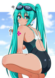 Rule 34 | 1girl, ?, absurdres, aqua eyes, aqua hair, aqua nails, ass, black one-piece swimsuit, blue sky, cloud, commentary request, competition swimsuit, feet out of frame, from behind, goggles, goggles on head, hatsune miku, highres, lifeguard, multicolored clothes, multicolored swimsuit, one-piece swimsuit, sky, solo, squatting, swimsuit, tan, tanline, tattoo, twintails, vocaloid, yurizuku owl