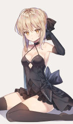 Rule 34 | 1girl, artoria pendragon (all), artoria pendragon (fate), bad id, bad pixiv id, bare shoulders, black bow, black choker, black dress, black gloves, blonde hair, bow, braid, breasts, brown background, brown eyes, brown thighhighs, choker, cleavage, collarbone, commentary request, dress, elbow gloves, fate/stay night, fate (series), gloves, hair between eyes, hair bow, hair bun, hand up, highres, laurelfalcon, looking at viewer, medium breasts, no shoes, saber alter, sidelocks, single hair bun, sitting, sleeveless, sleeveless dress, solo, thighhighs, wariza