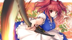 Rule 34 | 1girl, belt, breasts, coin, ebizome, flower, hair bobbles, hair ornament, large breasts, looking at viewer, motion blur, onozuka komachi, puffy sleeves, red eyes, red hair, scythe, shirt, short sleeves, skirt, slashing, smile, solo, touhou, two side up