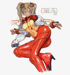 Rule 34 | 1girl, adapted costume, alternate hairstyle, ass, bad id, bad pixiv id, blue eyes, bodysuit, bracelet, bracer, brown hair, clenched hand, clothes writing, covered navel, curvy, etama quomo, evangelion: 2.0 you can (not) advance, hair ornament, hair up, hairpods, high heels, hip focus, interface headset, jacket, jewelry, long hair, looking at viewer, lying, multicolored clothes, neon genesis evangelion, off shoulder, on side, open clothes, open jacket, parted lips, pilot suit, plugsuit, rebuild of evangelion, see-through, shiny clothes, simple background, sketch, solo, souryuu asuka langley, test plugsuit, turtleneck, twintails, unfinished, white background