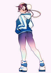 Rule 34 | 1girl, alternate costume, ass, brown eyes, brown hair, bun cover, capcom, casual, chun-li, double bun, flat ass, from behind, full body, hair bun, hands in pockets, hiroshi (hiroshixhiss), hood, hood down, hoodie, looking back, nike (company), pants, shoes, short hair, simple background, sneakers, solo, street fighter, tight clothes, tight pants