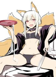 Rule 34 | 1girl, animal ears, arm up, bandeau, bare shoulders, bikini, blonde hair, blunt bangs, blush, breasts, collar, copyright request, cup, eyebrows, fang, fox ears, fox tail, holding, knife, leaning back, looking at viewer, multiple tails, navel, o-ring, o-ring bottom, open mouth, pouring, red eyes, sakazuki, samoni ouka, short eyebrows, short hair, sidelocks, small breasts, smile, solo, spread legs, stomach, string bikini, swimsuit, tail, thighs, wide sleeves