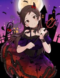 Rule 34 | 1girl, bare shoulders, bare tree, bat (animal), black cat, black choker, black corset, black wristband, blush, breasts, brown eyes, brown hair, castle, cat, chain, choker, closed mouth, collarbone, corset, cowboy shot, demon horns, demon tail, dress, eri (erikaida), fake horns, fake tail, fence, frilled dress, frills, full moon, ghost, gradient sky, grave, hair ribbon, halloween, hands up, highres, holding, holding polearm, holding weapon, horns, idolmaster, idolmaster million live!, idolmaster million live! theater days, jack-o&#039;-lantern, jewelry, kitazawa shiho, lace trim, layered skirt, long hair, looking at viewer, medium breasts, moon, night, off-shoulder dress, off shoulder, pendant choker, polearm, polka dot, polka dot ribbon, print dress, red ribbon, ribbon, ring, short sleeves, silhouette, skirt, sky, smile, solo, standing, star (sky), starry sky, tail, tree, two-tone dress, weapon