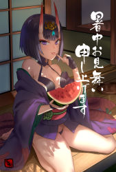 Rule 34 | 1girl, architecture, bare legs, barefoot, black hair, blunt bangs, choko (cup), collar, commentary request, cup, east asian architecture, fangs, fate/grand order, fate (series), food, fruit, hair ornament, highres, holding, holding food, horns, japanese clothes, kimono, licking, licking finger, long sleeves, looking at viewer, non (nonzile), obi, off shoulder, oni, purple eyes, sash, seiza, shadow, shochuumimai, shuten douji (fate), sitting, skin-covered horns, smile, solo, tongue, tongue out, translation request, tray, watermelon, wide sleeves