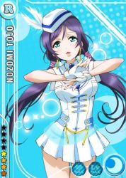 Rule 34 | 10s, 1girl, aqua eyes, blue background, blue necktie, blush, card (medium), character name, dress, earrings, feathers, fingerless gloves, gloves, hat, head tilt, idol, jewelry, lips, long hair, looking at viewer, love live!, love live! school idol festival, love live! school idol project, low twintails, moon, necktie, official art, open mouth, pleated dress, purple hair, sleeveless, sleeveless dress, solo, sparkle, star (symbol), tojo nozomi, twintails, white dress, white gloves, white hat, wonderful rush