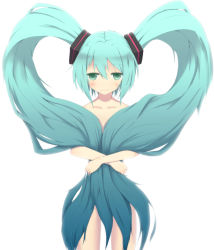 Rule 34 | 1girl, aqua eyes, aqua hair, censored, convenient censoring, female focus, hair censor, hatsune miku, highres, long hair, nude, shinako, simple background, smile, solo, twintails, very long hair, vocaloid, white background