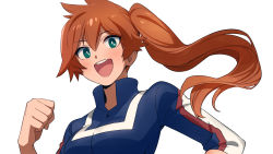 Rule 34 | 1girl, :d, asada hachi, blush, boku no hero academia, breasts, clenched hand, commentary, green eyes, hair between eyes, happy, highres, kendou itsuka, large breasts, long hair, looking at viewer, open mouth, orange hair, side ponytail, simple background, smile, solo, teeth, track suit, twitter username, u.a. gym uniform, upper body, upper teeth only, watermark, white background
