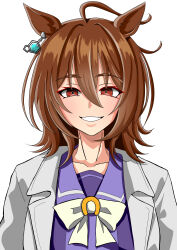 Rule 34 | 1girl, absurdres, agnes tachyon (umamusume), ahoge, animal ears, chemical structure, coat, commentary request, earrings, grin, hair between eyes, highres, horse ears, horse girl, jewelry, lab coat, looking at viewer, messy hair, open clothes, open coat, red eyes, short hair, simple background, single earring, smile, solo, sukebe nagamasa, umamusume, upper body, very long sleeves, white background, white coat