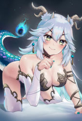 Rule 34 | 1girl, aqua nails, black choker, blush, breasts, choker, cleavage, closed mouth, dragon girl, dragon horns, dragon tail, earrings, fingernails, fire, flame-tipped tail, hair between eyes, highleg, highres, horns, jewelry, lace-trimmed choker, lace trim, large breasts, long fingernails, multiple horns, nail polish, parted bangs, revealing clothes, silver hair, stirrup legwear, tail, thighhighs, toeless legwear, user wmjw7532, vei (vtuber), vei (vtuber) (sky empress), virtual youtuber, vshojo, white thighhighs
