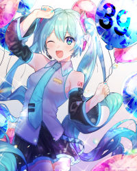Rule 34 | 1girl, 39, ;d, absurdres, arm up, bad id, bad pixiv id, balloon, black skirt, black sleeves, blue eyes, blue nails, blue necktie, collared shirt, cowboy shot, detached sleeves, dress shirt, floating hair, grey shirt, hatsune miku, headphones, headset, highres, holding, holding balloon, long hair, long sleeves, looking at viewer, microphone, miniskirt, nail polish, necktie, one eye closed, open mouth, pleated skirt, shirt, skirt, sleeveless, sleeveless shirt, smile, solo, standing, sumeshiruko, very long hair, vocaloid, wing collar