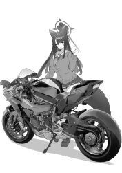 Rule 34 | 1girl, animal ears, blue archive, blush, breasts, buttons, cardigan, closed mouth, fox ears, fox tail, full body, greyscale, halo, highres, jun project, large breasts, long hair, long sleeves, looking at viewer, monochrome, motor vehicle, motorcycle, neckerchief, pleated skirt, sailor collar, shoes, simple background, skirt, smile, solo, standing, tail, wakamo (blue archive), white background