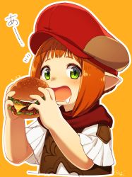 Rule 34 | 1girl, drooling, eating, final fantasy, final fantasy xiv, food, freckles, green eyes, burger, hat, highres, holding, holding food, lalafell, looking at viewer, open mouth, orange background, pointy ears, red hair, sakura chiyo (konachi000), short hair, solo, upper body