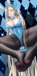 Rule 34 | 1girl, absurdres, animal ears, asuna (blue archive), blonde hair, blue archive, blue eyes, blush, breasts, cleavage, fake animal ears, feet, grin, hair over one eye, highres, large breasts, leotard, long hair, looking at viewer, pantyhose, rabbit ears, smile, soles, solo, suou makoto, toes