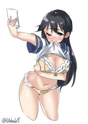 Rule 34 | 10s, 1girl, bad id, bad twitter id, black eyes, black hair, blush, bra, breast hold, breasts, cellphone, cleavage, clothes lift, cropped legs, ebifurya, gluteal fold, highres, inactive account, kantai collection, large breasts, leaning forward, mouth hold, navel, no pants, one eye closed, panties, phone, selfie, shirt lift, simple background, smartphone, solo, tears, twitter username, underwear, ushio (kancolle), white background, yellow bra, yellow panties