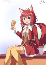 Rule 34 | 1girl, amairo islenauts, animal ears, blue eyes, blush, breasts, dated, dog ears, dog tail, doughnut, fang, food, hair ornament, holding, holding food, kemo (pokka), looking at viewer, masaki gaillard, medium breasts, open mouth, red hair, red skirt, short hair, sitting, skirt, smile, solo, tail, thighhighs, x hair ornament, yellow thighhighs