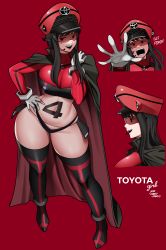 Rule 34 | 1girl, absurdres, black footwear, black hair, breasts, button on nipple, cape, english text, gloves, hat ornament, highres, hip armor, kansu kansu, microphone, midriff, multiple views, personification, red background, simple background, tattoo on belly, toyota, toyota girl (kansu kansu), toyota rav4