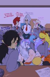 Rule 34 | 3boys, 4girls, absurdres, boku no hero academia, grabbing another&#039;s breast, breasts, cheerleader, cigarette, clothed sex, cunnilingus, dark green hair, english text, fakeryway, furry, furry female, glasses, grabbing, grey hair, group sex, highres, large breasts, long hair, lying, mature female, medium hair, midoriya inko, mature female, missionary, multiple boys, multiple girls, oral, pom pom (cheerleading), pom pom (clothes), sex, vaginal