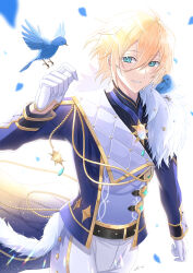 Rule 34 | 1boy, animal, animal on shoulder, bird, bird on hand, bird on shoulder, blonde hair, blue eyes, blue jacket, bluebird, ensemble stars!, highres, idol clothes, jacket, jewelry, long sleeves, looking at viewer, lost philia, male focus, multicolored clothes, multicolored jacket, necklace, short hair, smile, solo, teeth, tenshouin eichi, white background, white jacket
