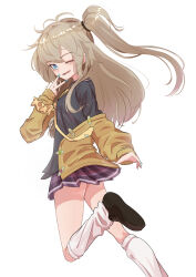 Rule 34 | 1girl, absurdres, black footwear, blonde hair, blue eyes, blue nails, fang, hand up, highres, jacket, kasukabe tsumugi, loafers, long hair, long sleeves, looking at viewer, looking back, loose socks, misho39, nail polish, off shoulder, one eye closed, parted lips, plaid, plaid skirt, purple skirt, scrunchie, shoes, side ponytail, simple background, skirt, sleeves past wrists, socks, solo, thighs, v, voicevox, white background, white socks, yellow jacket, yellow scrunchie