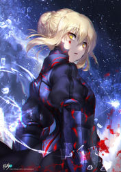 Rule 34 | 1girl, absurdres, armor, armored dress, artist name, artoria pendragon (all), artoria pendragon (fate), black dress, black skirt, blonde hair, blood, blood on clothes, blood on face, braid, breastplate, cowboy shot, dress, fate/stay night, fate (series), french braid, from behind, gauntlets, glass shards, hair between eyes, hair bun, highres, kyjsogom, looking at viewer, looking back, parted lips, puffy short sleeves, puffy sleeves, saber (fate), saber alter, shards, short hair, short sleeves, sidelocks, single hair bun, skirt, skirt set, sky, solo, star (sky), starry sky, turtleneck, twisted neck, watermark, web address, yellow eyes