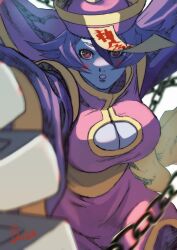 Rule 34 | 1girl, blue skin, breasts, burning isaka, claws, cleavage cutout, clothing cutout, colored skin, hat, highres, large breasts, lei lei, looking at viewer, purple hair, short hair, sleeves past wrists, vampire (game)