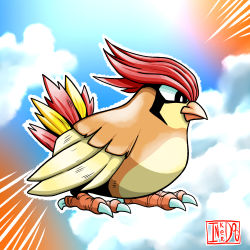 Rule 34 | artist logo, artist name, beak, bird, bird legs, bird wings, blue sky, bright pupils, claws, closed mouth, cloud, colored skin, creatures (company), feathered wings, feathers, full body, game freak, gen 1 pokemon, highres, inker dog, monster, nintendo, no humans, outline, pidgeotto, pokemon, pokemon (creature), red hair, self-upload, sky, solo, tail, white outline, white pupils, wings