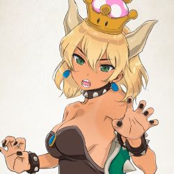 Rule 34 | 10s, 1girl, akagi (fmttps), alternate hair color, armlet, artist name, black dress, black nails, blonde hair, borrowed design, bowsette, bowsette (cosplay), bracelet, breasts, claw pose, cleavage, collar, commentary request, cosplay, crown, dark-skinned female, dark skin, dress, frown, girls und panzer, green eyes, grey background, head tilt, horns, hoshino (girls und panzer), jewelry, looking at viewer, mario (series), medium breasts, nail polish, new super mario bros. u deluxe, nintendo, open mouth, short hair, solo, spiked armlet, spiked bracelet, spiked collar, spiked shell, spikes, standing, strapless, strapless dress, super crown, tan, tanline, turtle shell, twitter username, upper body
