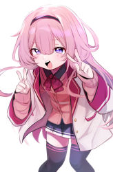 Rule 34 | 1girl, absurdres, armband, black hairband, black skirt, blazer, blush, bow, bowtie, brown cardigan, cardigan, double v, feet out of frame, hairband, highres, jacket, long hair, looking at viewer, nijisanji, open clothes, open jacket, open mouth, pink hair, plaid, plaid bow, plaid bowtie, purple eyes, simple background, skirt, smile, smug, solo, suo sango, teeth, thighhighs, upper teeth only, utsusumi kio, v, virtual youtuber, white background, white jacket, zettai ryouiki