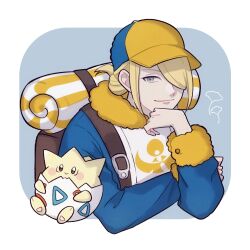 Rule 34 | 1boy, 87 da yo, backpack, bag, blonde hair, blue jumpsuit, border, brown bag, closed mouth, commentary request, creatures (company), fur-trimmed jumpsuit, fur trim, game freak, gen 2 pokemon, grey eyes, hair over one eye, hand up, highres, jumpsuit, long sleeves, looking at viewer, male focus, nintendo, pokemon, pokemon (creature), pokemon legends: arceus, smile, togepi, volo (pokemon), white border
