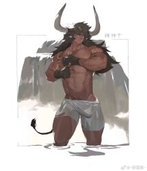Rule 34 | 1boy, abs, animal ears, artist request, bara, black hair, bulge, copyright request, cow boy, cow ears, cow horns, cow tail, cropped legs, dark-skinned male, dark skin, erection, erection under clothes, forked eyebrows, groin, hand on own chest, highres, horns, large hands, large horns, large pectorals, long hair, male focus, male pubic hair, male underwear, male underwear pull, muscular, muscular male, nose piercing, nose ring, original, pectorals, piercing, pubic hair, pubic hair peek, sidelocks, solo, stomach, tail, thick eyebrows, thick thighs, thighs, topless male, torn underwear, translation request, tribal, underwear, wading, white male underwear