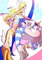Rule 34 | 2girls, absurdres, ahoge, angel wings, armlet, ass, blonde hair, blue eyes, blue wings, bracelet, breasts, colored inner hair, detached sleeves, dress, halo, high heels, highres, jewelry, kneeling, large breasts, long hair, looking at viewer, looking down, looking to the side, multicolored hair, multiple girls, nail polish, panties, panty &amp; stocking with garterbelt, panty (psg), pantyhose, pulling own clothes, purple hair, siblings, simple background, sisters, skirt, stocking (psg), striped clothes, striped thighhighs, thighhighs, tlotro, tongue, tongue out, two-tone hair, underwear, white background, white dress, wings