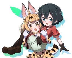 Rule 34 | 2girls, :d, animal ear fluff, animal ears, bad id, bad twitter id, black gloves, black hair, black legwear, blonde hair, blouse, blue eyes, blush, bow, bowtie, brown footwear, carrying, commentary request, elbow gloves, gloves, highres, kaban (kemono friends), kemono friends, pantyhose under shorts, looking at viewer, multiple girls, nekonyan (inaba31415), open mouth, pantyhose, princess carry, print gloves, print neckwear, print skirt, red shirt, serval (kemono friends), serval print, serval tail, shirt, shoes, short hair, short sleeves, shorts, simple background, skirt, smile, tail, traditional bowtie, white background, white shorts, yellow eyes