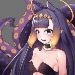 Rule 34 | 1girl, :d, alternate breast size, black dress, blue eyes, blunt bangs, breasts, cleavage, dress, fang, highres, hololive, hololive english, lolinnez., long hair, looking at viewer, medium breasts, multicolored hair, ninomae ina&#039;nis, ninomae ina&#039;nis (1st costume), open mouth, orange hair, pointy ears, purple hair, self-upload, smile, solo, takodachi (ninomae ina&#039;nis), tentacle hair, tentacles, upper body, virtual youtuber
