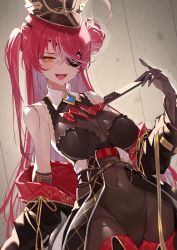 Rule 34 | 1girl, ascot, bare shoulders, belt, black coat, black hat, bodystocking, breasts, brooch, brown gloves, cleavage, coat, covered navel, elbow gloves, eyepatch, gloves, hair bun, hat, highres, hololive, houshou marine, houshou marine (marching band), jewelry, kakage, large breasts, long hair, long sleeves, off shoulder, one side up, open mouth, peaked cap, red hair, see-through, see-through cleavage, single hair bun, smile, solo, thighs, virtual youtuber, yellow eyes