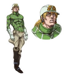 Rule 34 | 1boy, argyle, argyle clothes, argyle sweater, blonde hair, boots, brown footwear, covered abs, diego brando, gloves, grandguerrilla, green shirt, grey pants, hair between eyes, hat, highres, jojo no kimyou na bouken, long hair, long sleeves, looking at viewer, male focus, multiple views, pants, parted lips, shirt, solo, steel ball run, sweater, white background, white gloves, white hat, yellow eyes