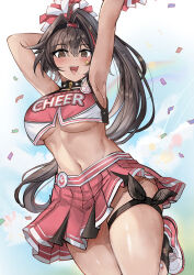 Rule 34 | 1girl, ahoge, armpits, arms up, bare arms, bare shoulders, bay (nikke), black choker, black hair, black socks, breasts, brown eyes, cheerleader, choker, crop top, crop top overhang, fang, goddess of victory: nikke, hair intakes, hairband, highres, holding, holding pom poms, large breasts, leg up, long hair, looking at viewer, midriff, miniskirt, mole, mole on breast, mole under eye, mole under mouth, navel, open mouth, pink footwear, pleated skirt, pom pom (cheerleading), pom poms, ponytail, red shirt, red skirt, shirt, shoes, side ponytail, sideboob, skindentation, skirt, sleeveless, sleeveless shirt, smile, sneakers, socks, solo, spiked choker, spikes, stomach, sweat, thigh strap, thighs, underboob, very long hair, yougenko
