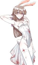 Rule 34 | 1girl, absurdres, animal ears, armpits, blood, blood on chest, blood on clothes, blood on face, blood on hands, breasts, brown eyes, brown hair, covered erect nipples, groin, hair between eyes, hand in own hair, highres, leotard, long hair, looking at viewer, original, rabbit ears, rabbit tail, small breasts, smile, solo, tail, thighhighs, tsu (lovesick1964), white background, white thighhighs