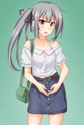 Rule 34 | 1girl, alternate costume, anti (untea9), bag, bare shoulders, belt, black ribbon, blue skirt, blush, brown belt, casual, commentary request, cowboy shot, denim, denim skirt, gradient background, green background, green bag, hair ribbon, handbag, highres, kantai collection, kasumi (kancolle), long hair, looking at viewer, off-shoulder shirt, off shoulder, open mouth, ribbon, shirt, short sleeves, side ponytail, silver hair, simple background, skirt, solo, white shirt, yellow eyes