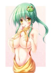 Rule 34 | 1girl, bare shoulders, between breasts, blush, breasts, commentary request, covering privates, covering breasts, drawstring, expressive clothes, food, frog hair ornament, green hair, hair between eyes, hair ornament, highres, kochiya sanae, large breasts, long hair, looking at viewer, meme attire, mouth hold, navel, osashin (osada), pocky, ponytail, ribbed sweater, snake hair ornament, solo, stomach, strawberry pocky, sweatdrop, sweater, touhou, virgin killer sweater, wardrobe error, yellow eyes, yellow sweater