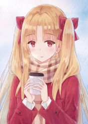 Rule 34 | 1girl, akaya (pixiv20545353), blonde hair, blush, bow, breath, brown scarf, coat, coffee cup, commentary request, cup, disposable cup, ereshkigal (fate), fate/grand order, fate (series), hair bow, highres, holding, holding cup, long hair, looking at viewer, parted bangs, parted lips, plaid, plaid scarf, red bow, red coat, red eyes, scarf, solo, two side up, upper body, very long hair